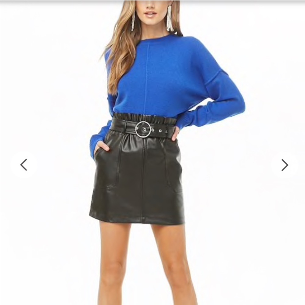 Belted faux leather paper bag skirt